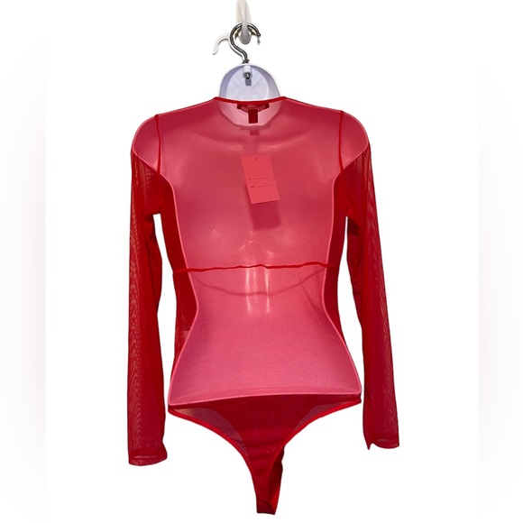 NWT INC International Concepts Long-Sleeve Lace Mesh Bodysuit Red - Picture 8 of 10